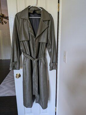 Boohoo Olive Green Faux Leather Belted Trench Coat Size 10